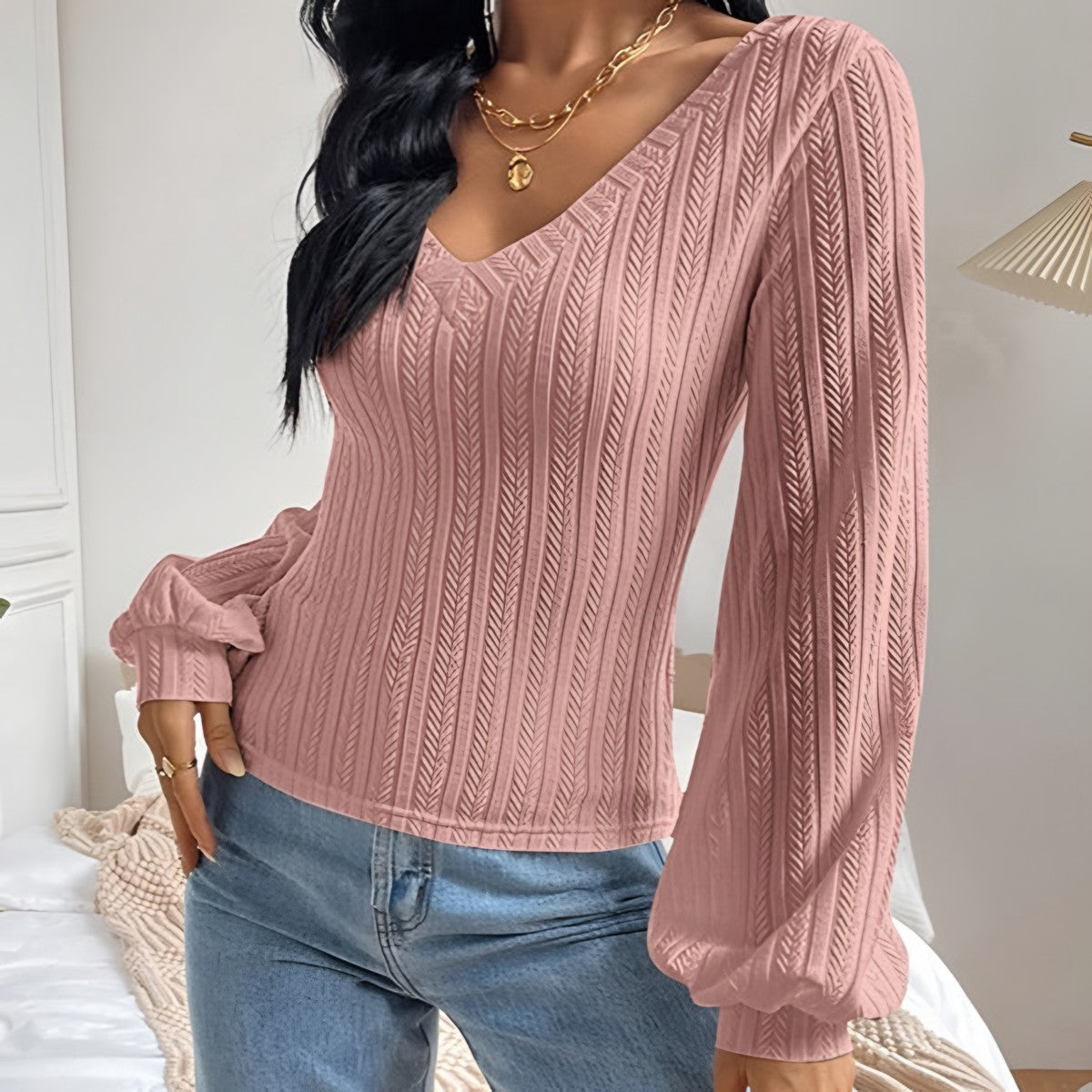 Top de Punto Escote en V con Manga Abullonada – Rosa palo