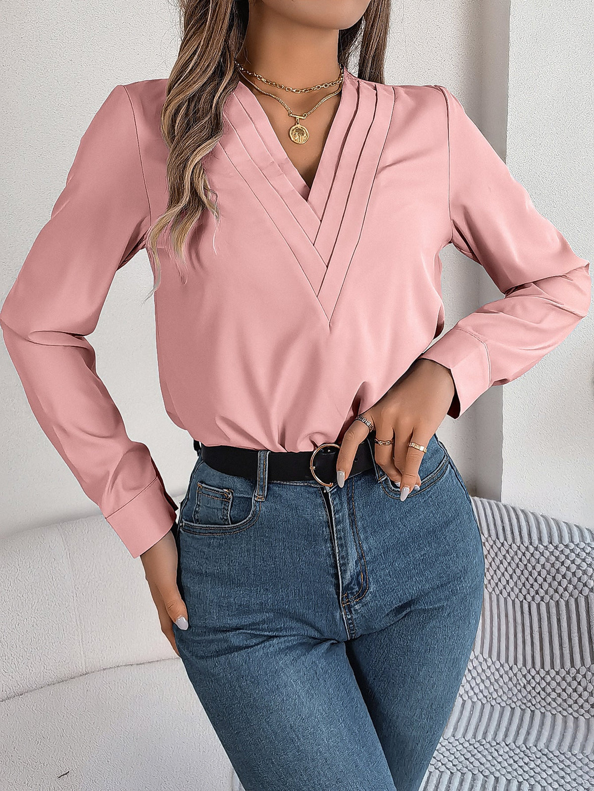 Blusa Cruzada Escote en V – Rosa empolvado