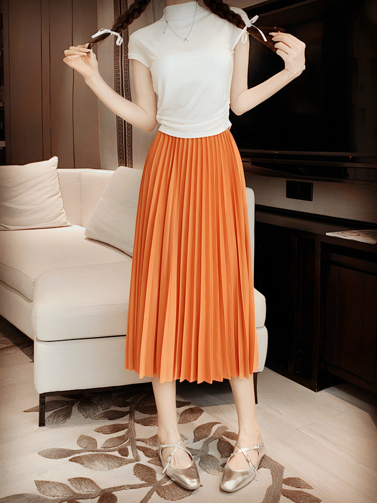 Falda Plisada Midi – Naranja