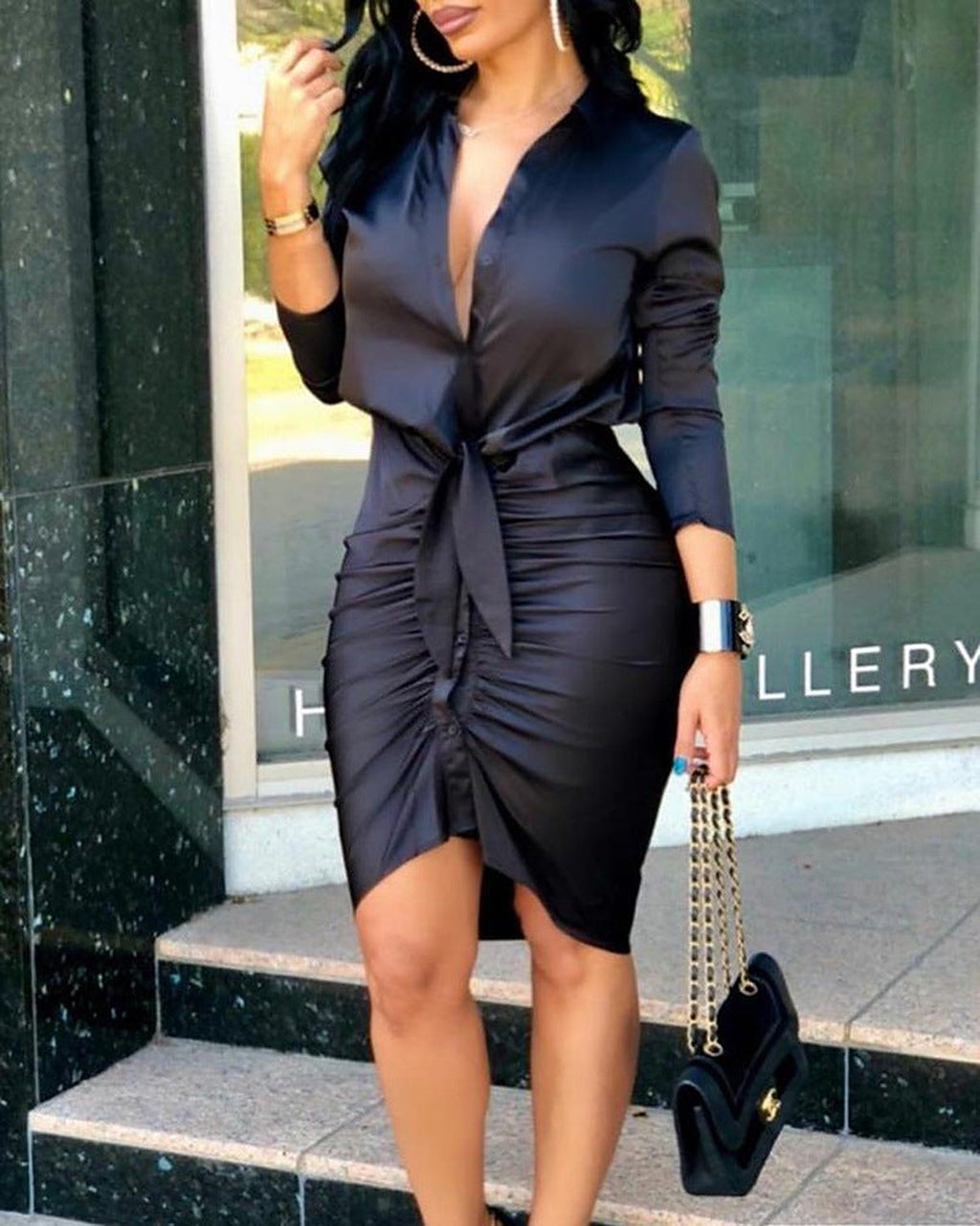 Vestido Camisero Satinado con Lazada – Negro