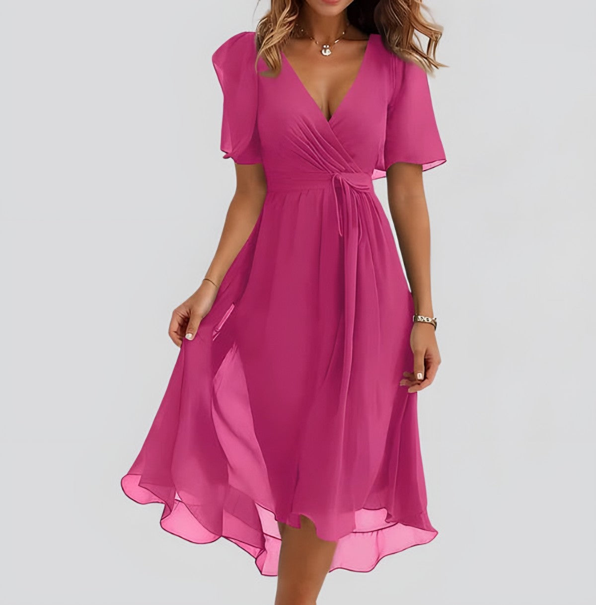 Vestido Midi de Gasa con Escote en V – Fucsia