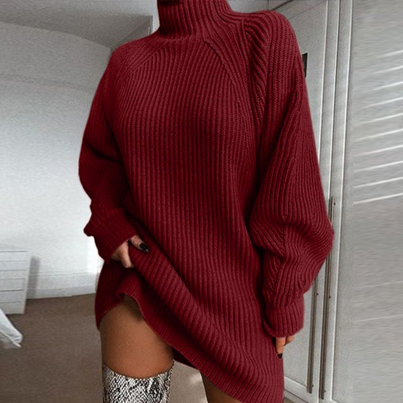 Vestido Jersey de Punto Cuello Alto – Burdeos