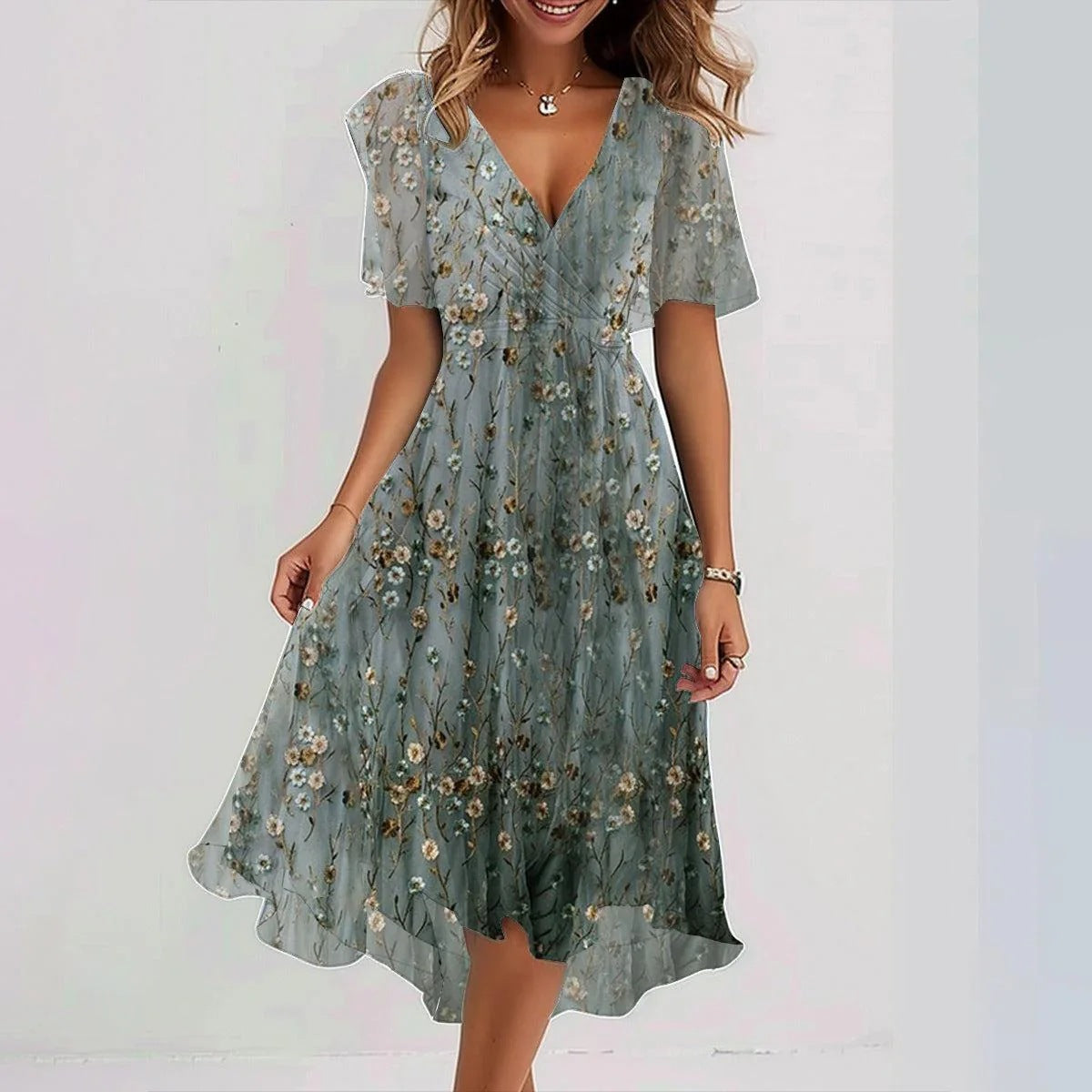 Vestido Midi de Gasa con Escote en V – Verde salvia