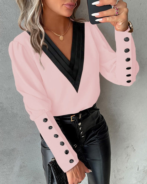 Blusa Escote en V con Puños de Botones – Rosa empolvado