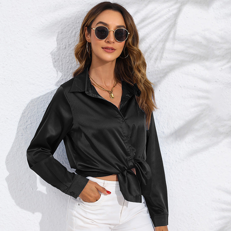 Blusa Satinada de Manga Larga – Negro