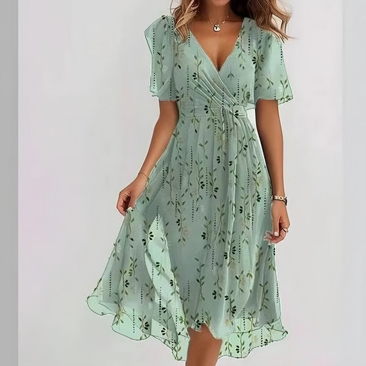 Vestido Midi de Gasa con Escote en V – Verde menta