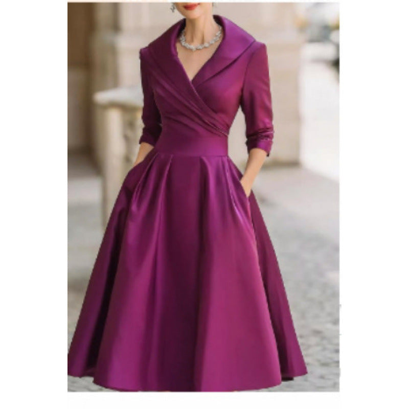 Vestido Midi de Vuelo con Cuello Solapa – Morado
