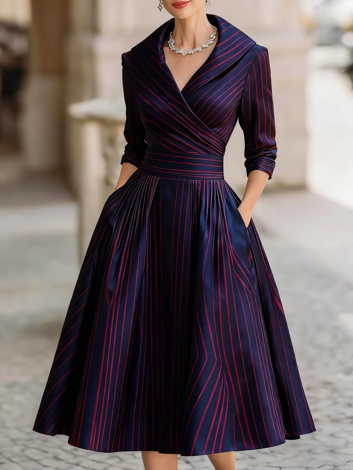 Vestido Midi de Vuelo con Cuello Solapa – Ciruela