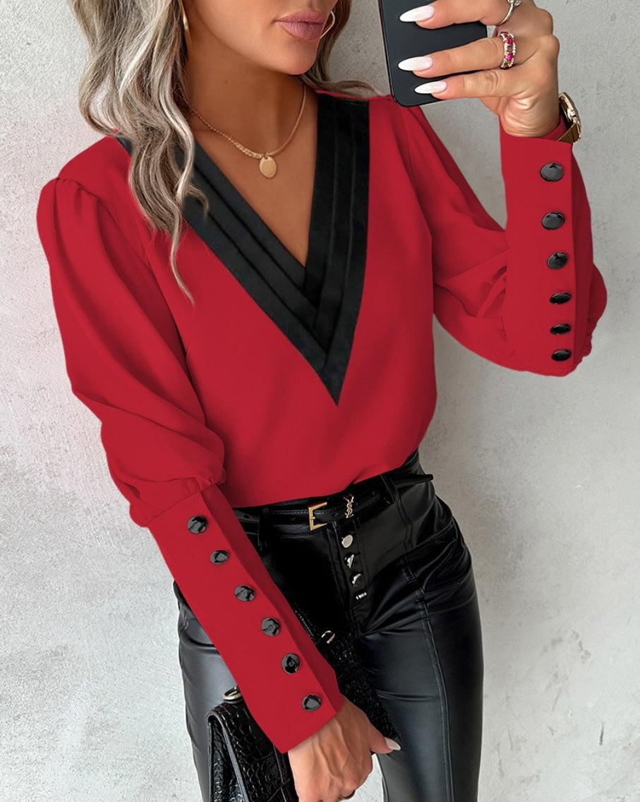 Blusa Escote en V con Puños de Botones – Burdeos