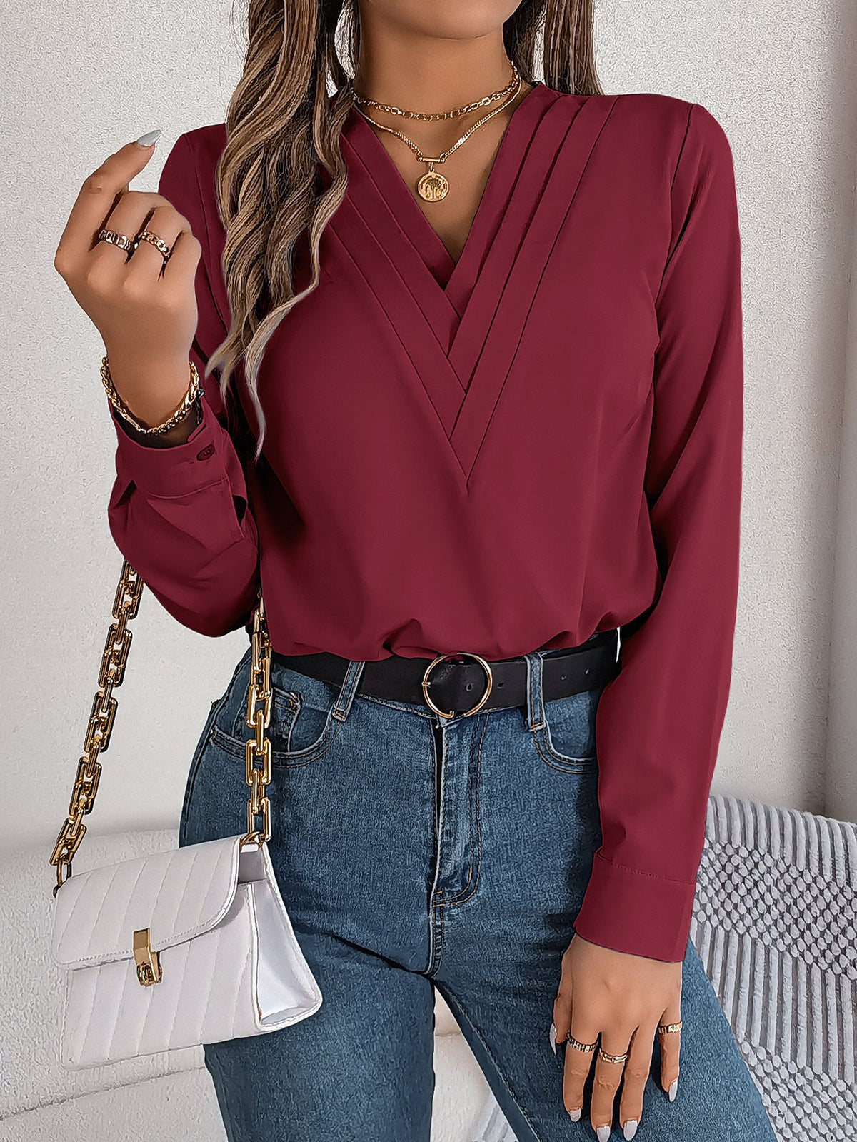 Blusa Cruzada Escote en V – Burdeos