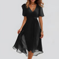 Vestido Midi de Gasa con Escote en V – Negro
