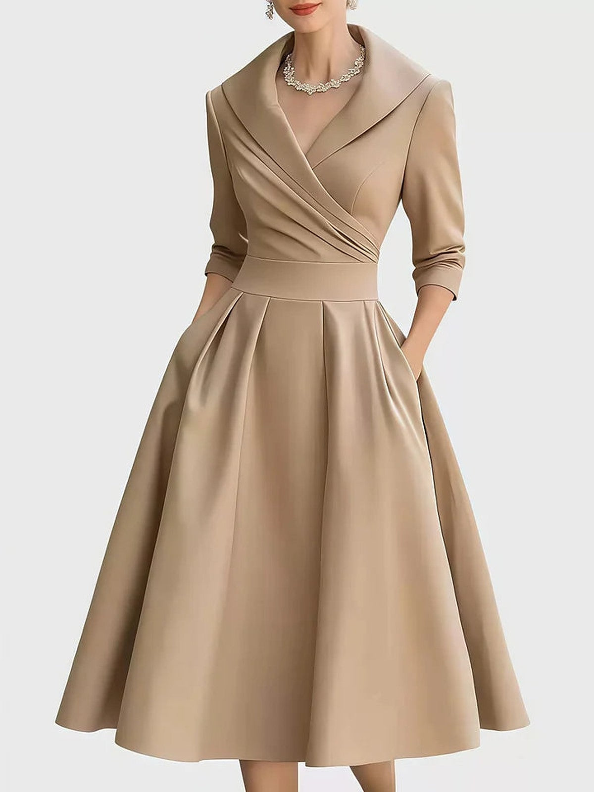 Vestido Midi de Vuelo con Cuello Solapa – Beige