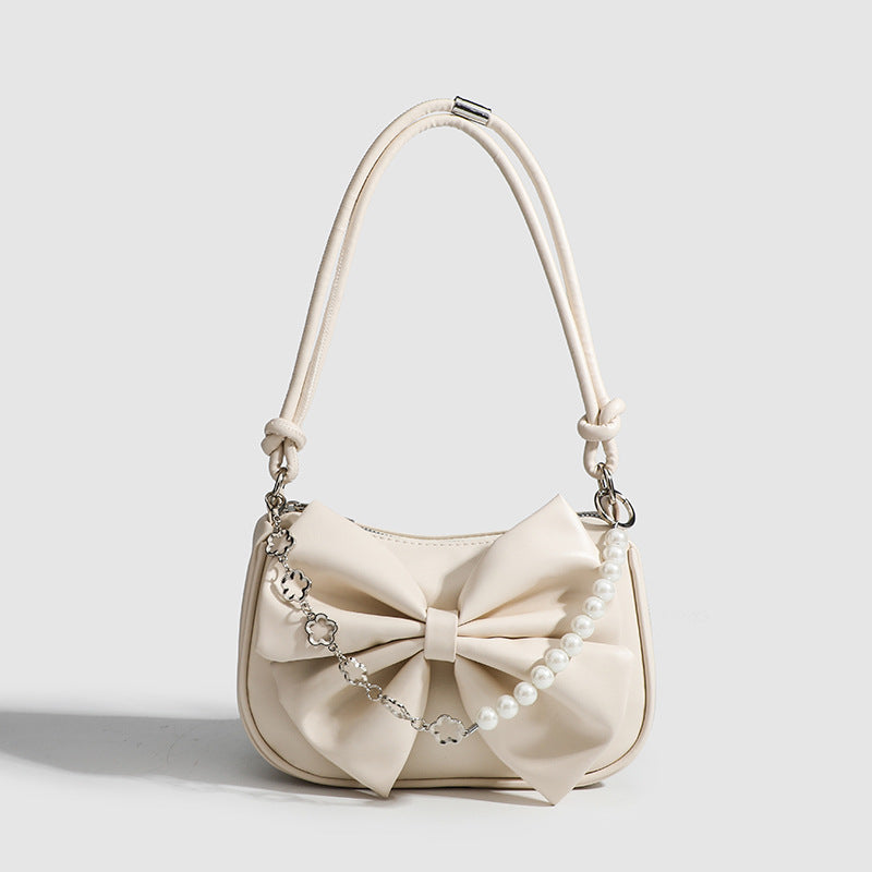 Bolso de Hombro con Lazo y Perlas – Marfil