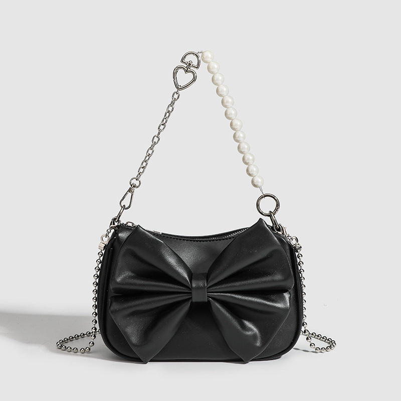 Bolso de Hombro con Lazo y Perlas – Negro