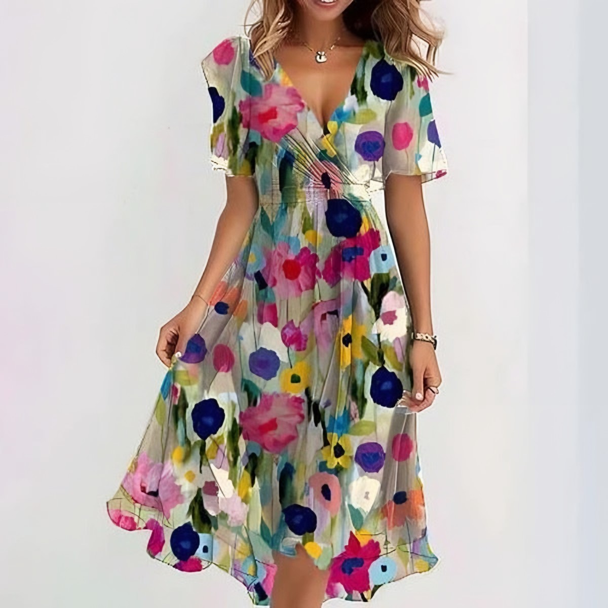 Vestido Midi de Gasa con Escote en V – Multicolor