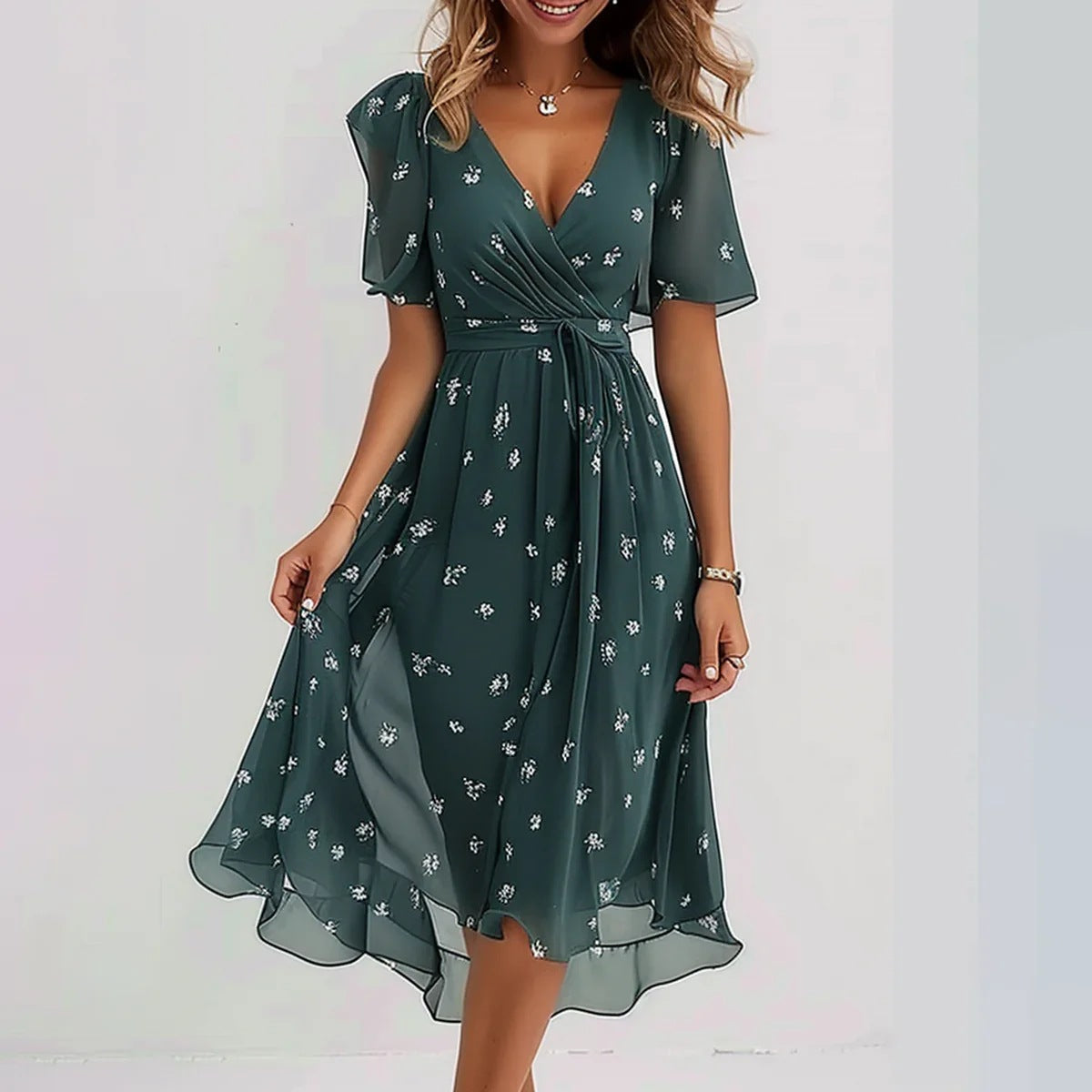 Vestido Midi de Gasa con Escote en V – Verde oscuro