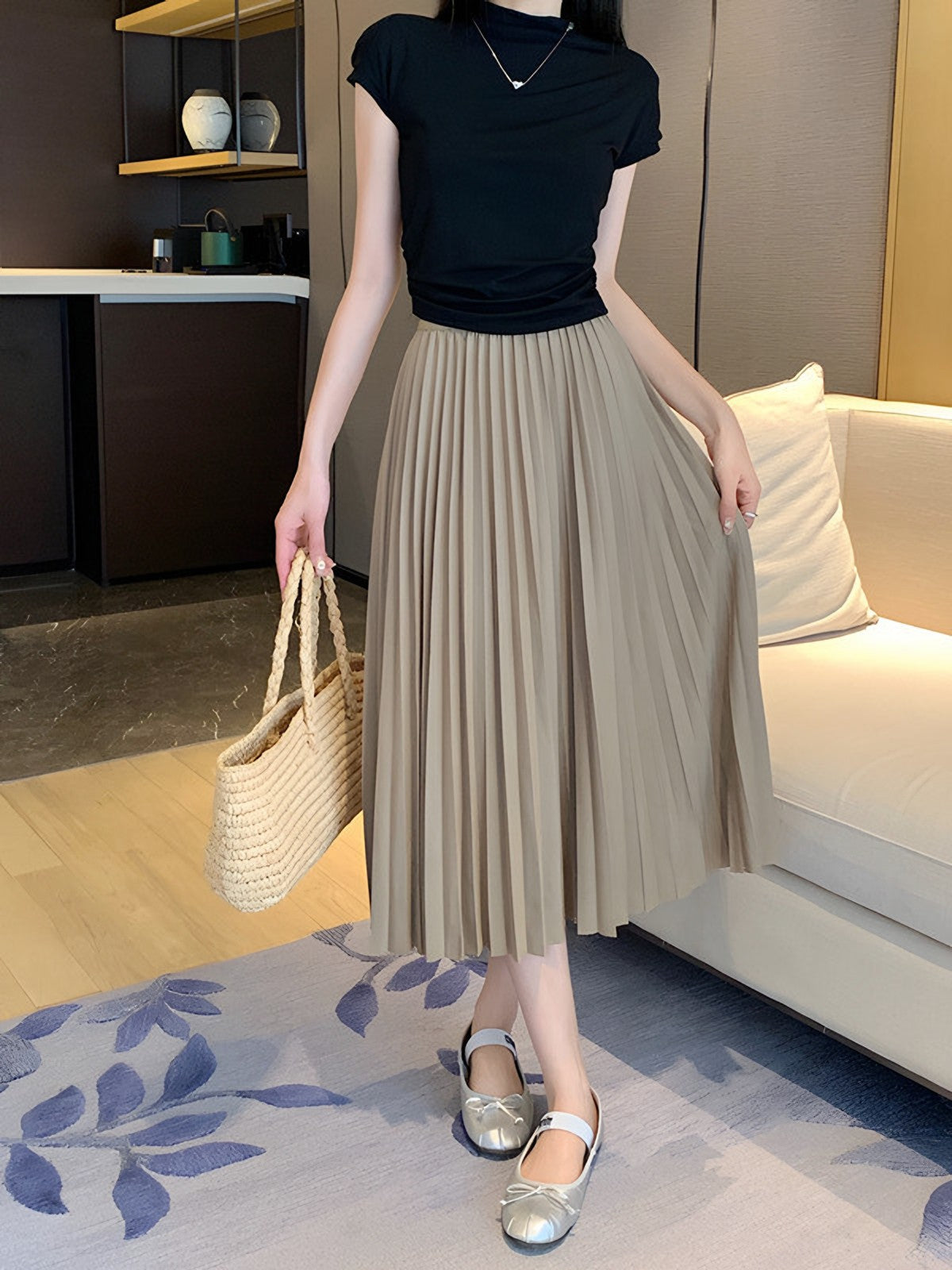 Falda Plisada Midi – Caqui