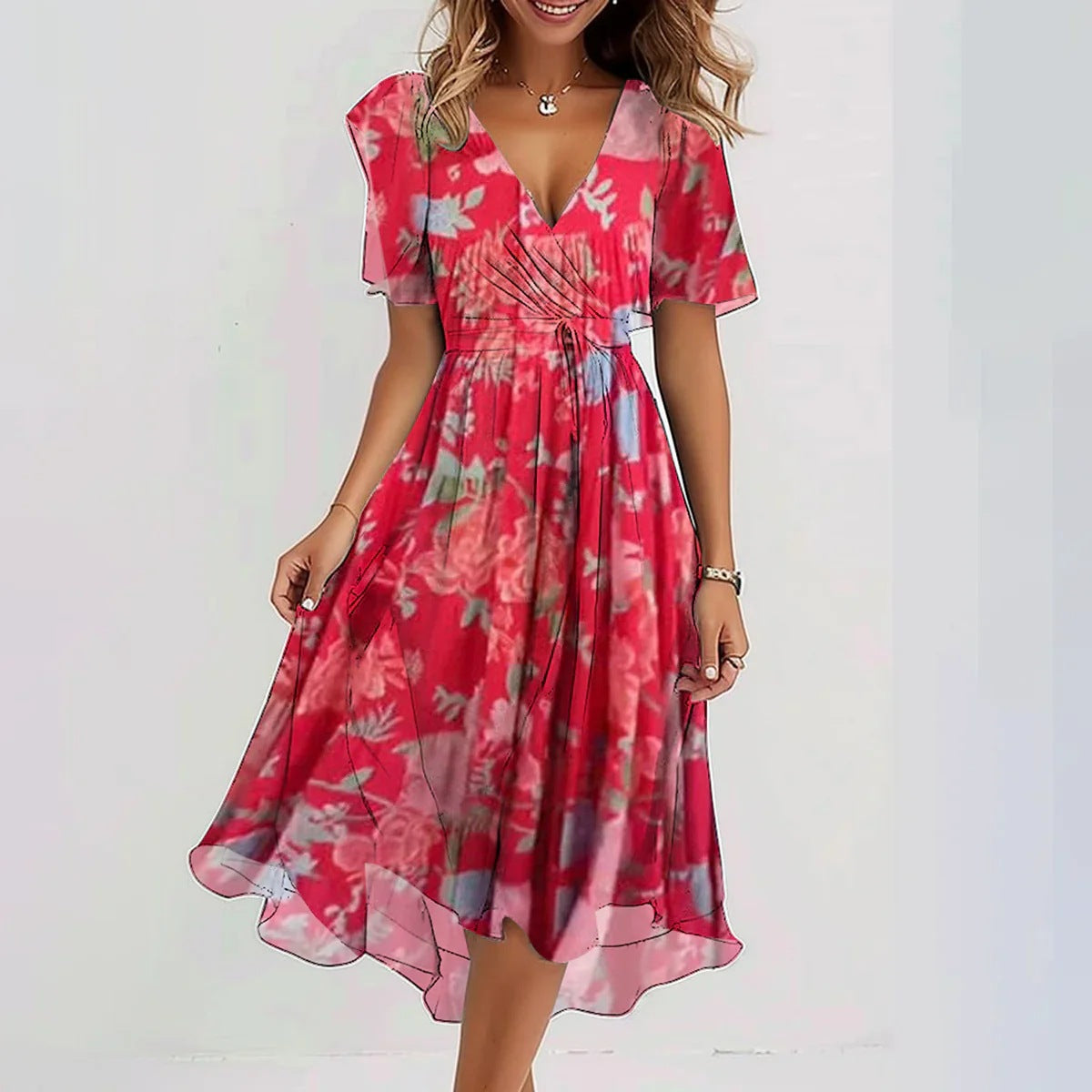 Vestido Midi de Gasa con Escote en V – Rojo floral
