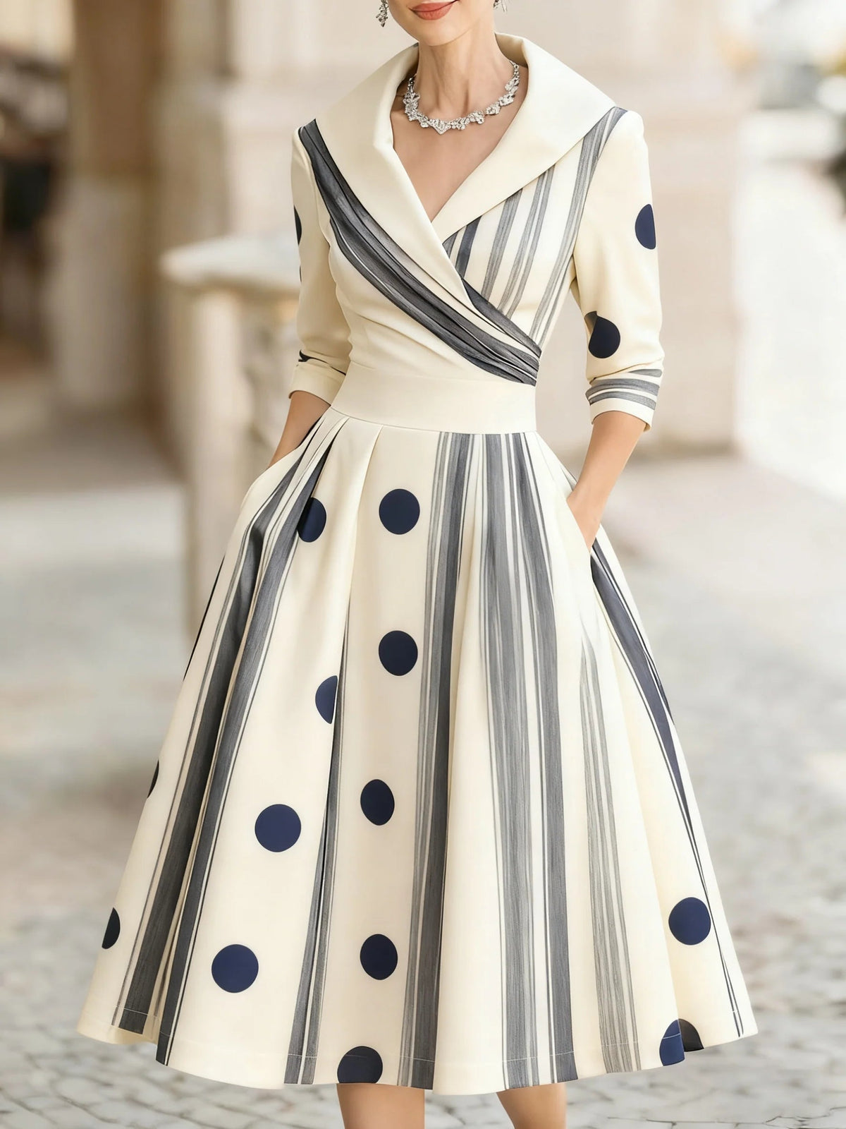 Vestido Midi de Vuelo con Cuello Solapa – Lunares