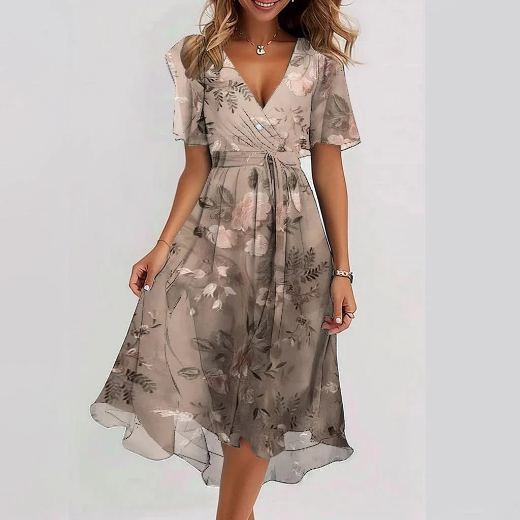 Vestido Midi de Gasa con Escote en V – Topo floral