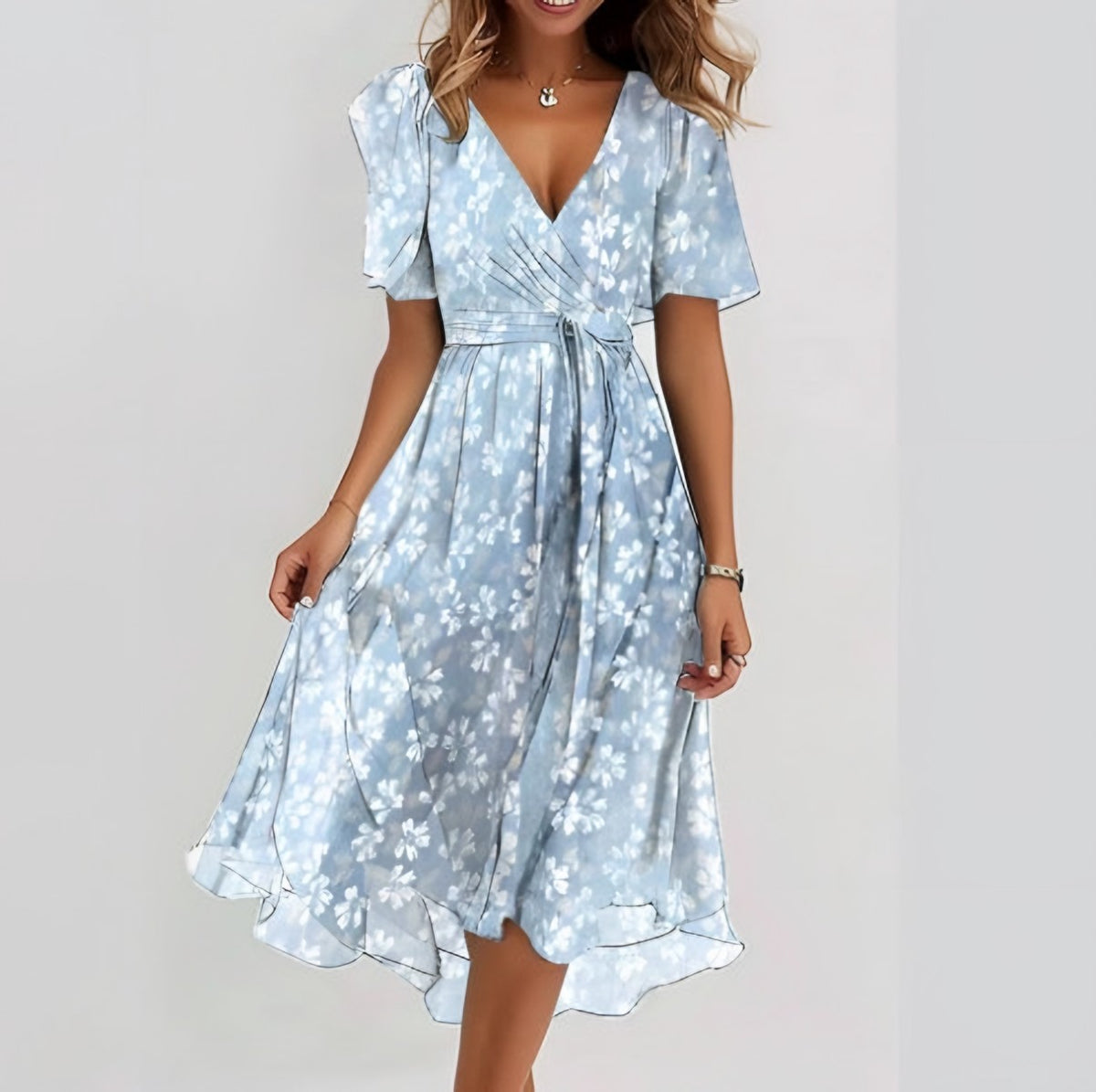 Vestido Midi de Gasa con Escote en V – Azul hielo