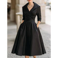 Vestido Midi de Vuelo con Cuello Solapa – Negro