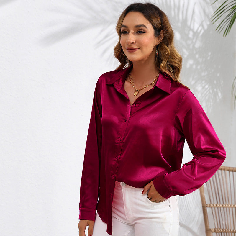 Blusa Satinada de Manga Larga – Burdeos