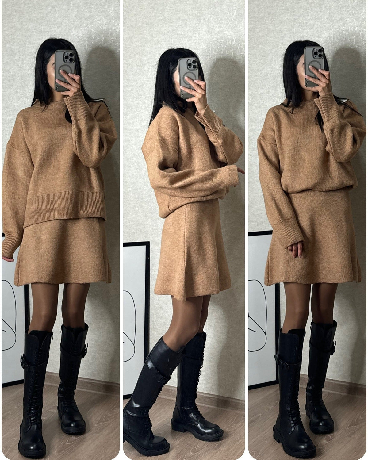 Conjunto de Punto Jersey y Falda – Camel