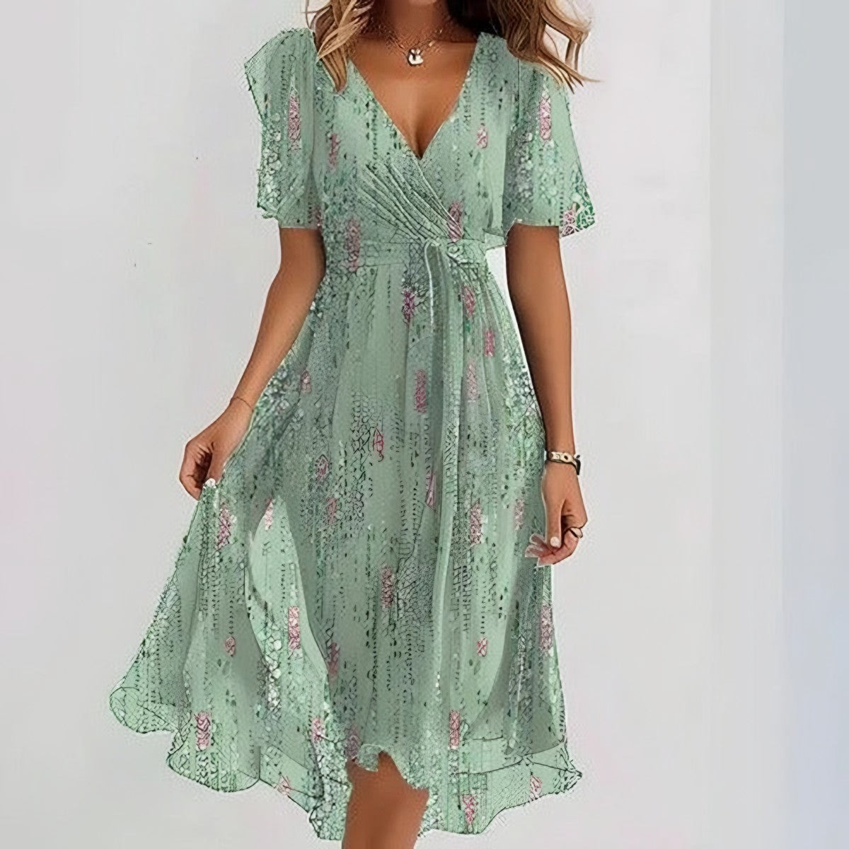 Vestido Midi de Gasa con Escote en V – Verde agua