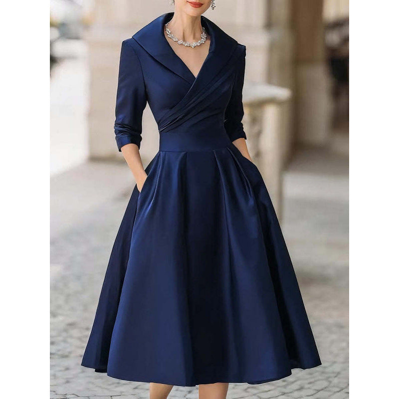 Vestido Midi de Vuelo con Cuello Solapa – Azul marino