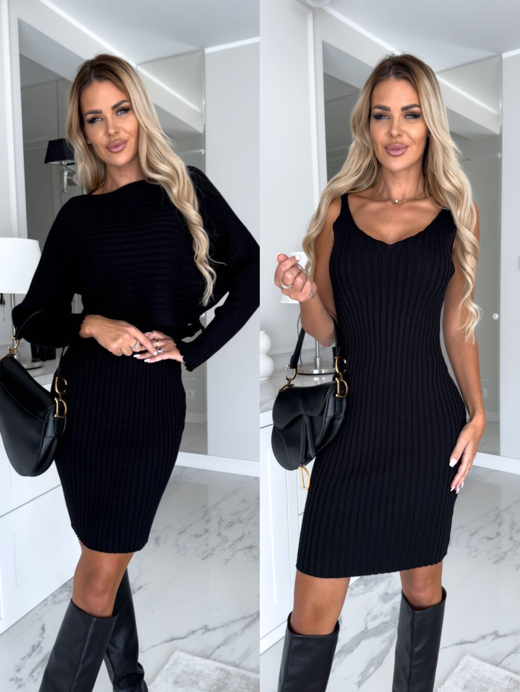 Conjunto de Punto Jersey y Vestido de Tirantes – Negro