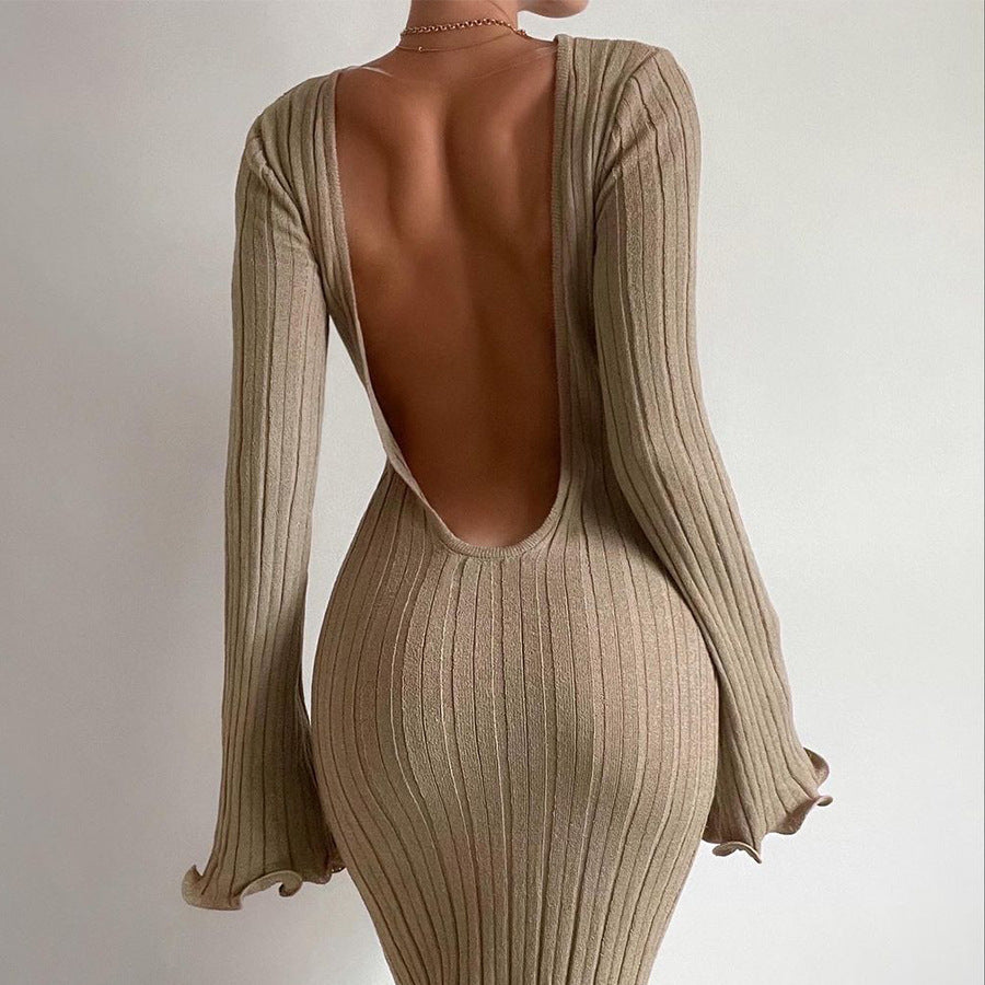 Vestido Largo de Punto con Espalda en U – Beige