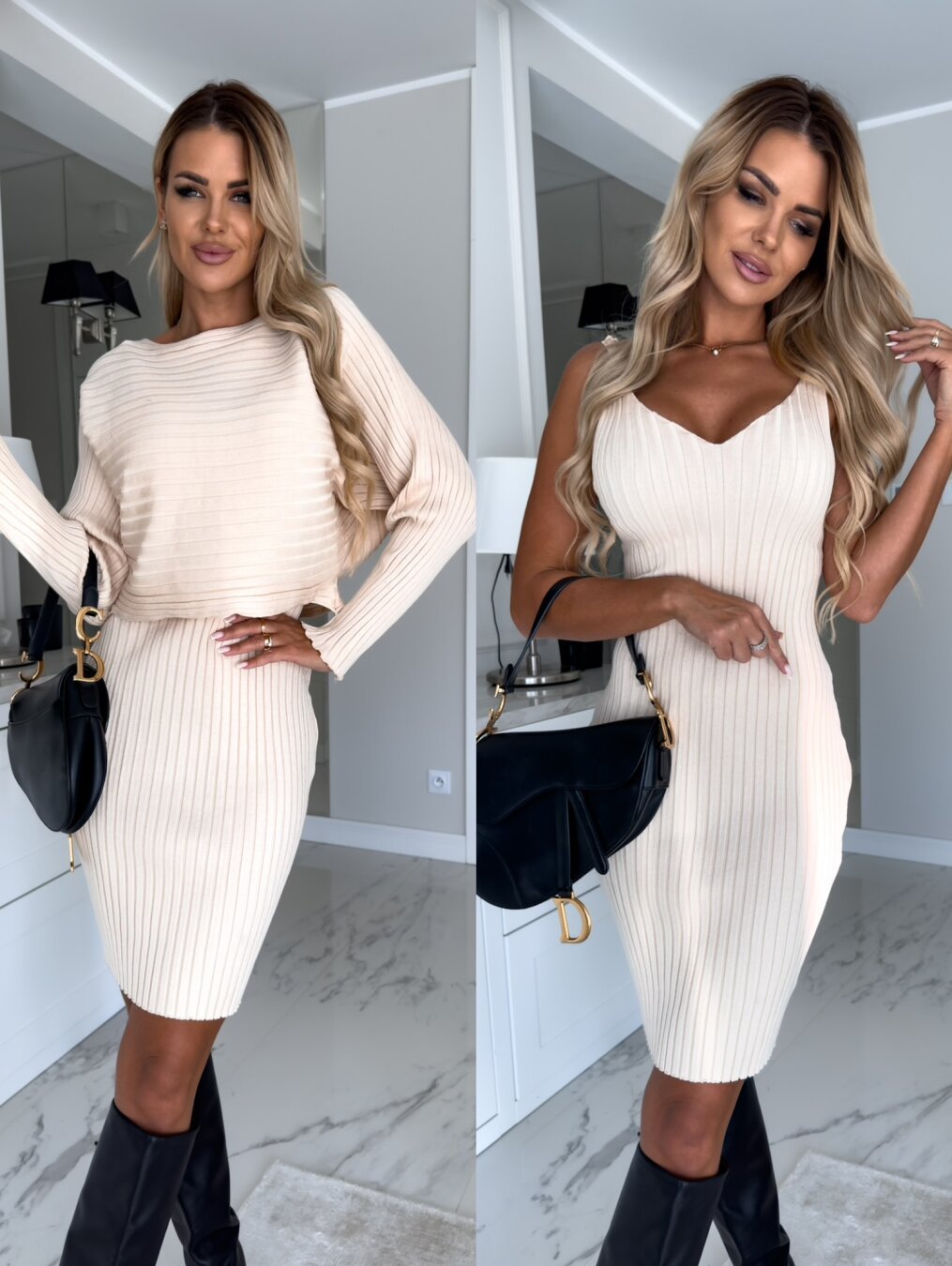 Conjunto de Punto Jersey y Vestido de Tirantes – Beige