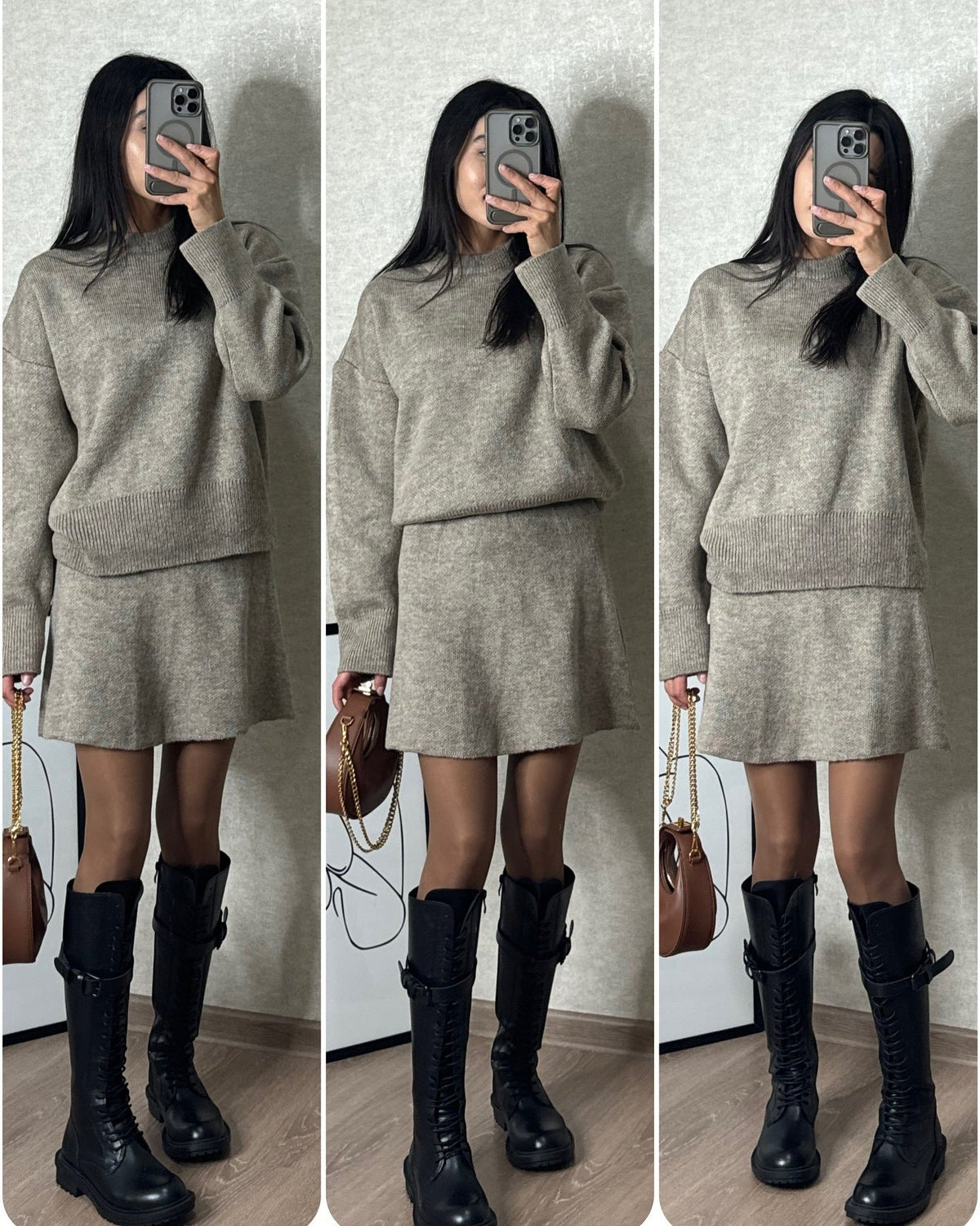 Conjunto de Punto Jersey y Falda – Gris perla