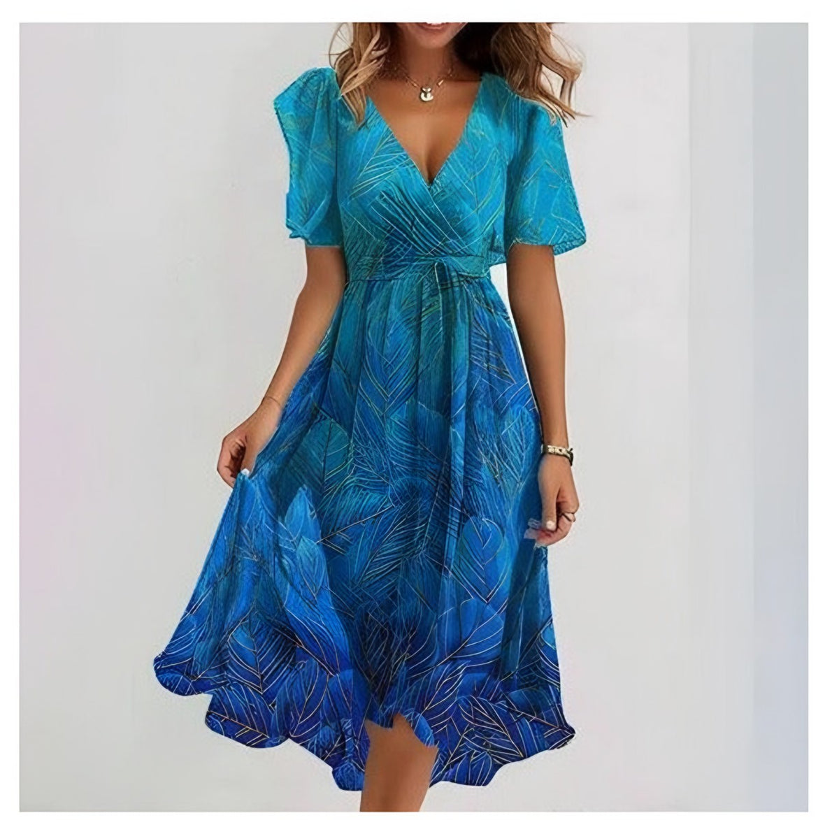 Vestido Midi de Gasa con Escote en V – Azul océano
