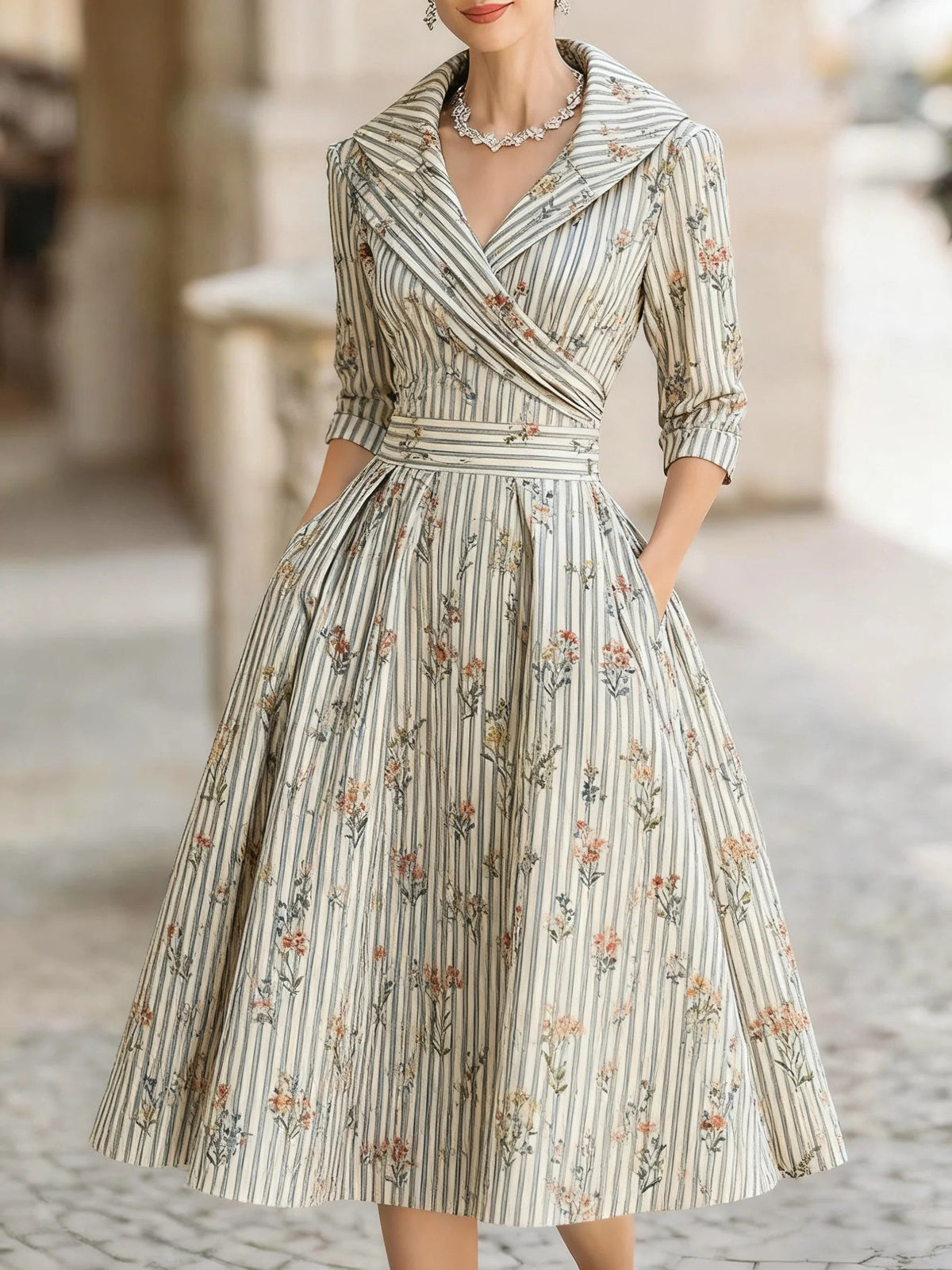 Vestido Midi de Vuelo con Cuello Solapa – Floral crudo