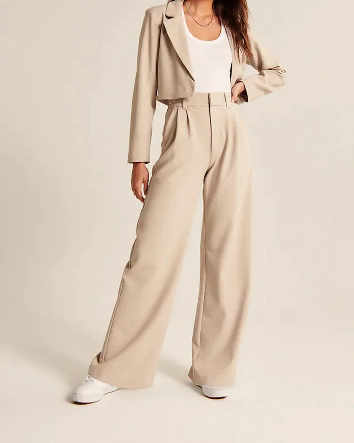 Pantalón Ancho de Tiro Alto – Beige