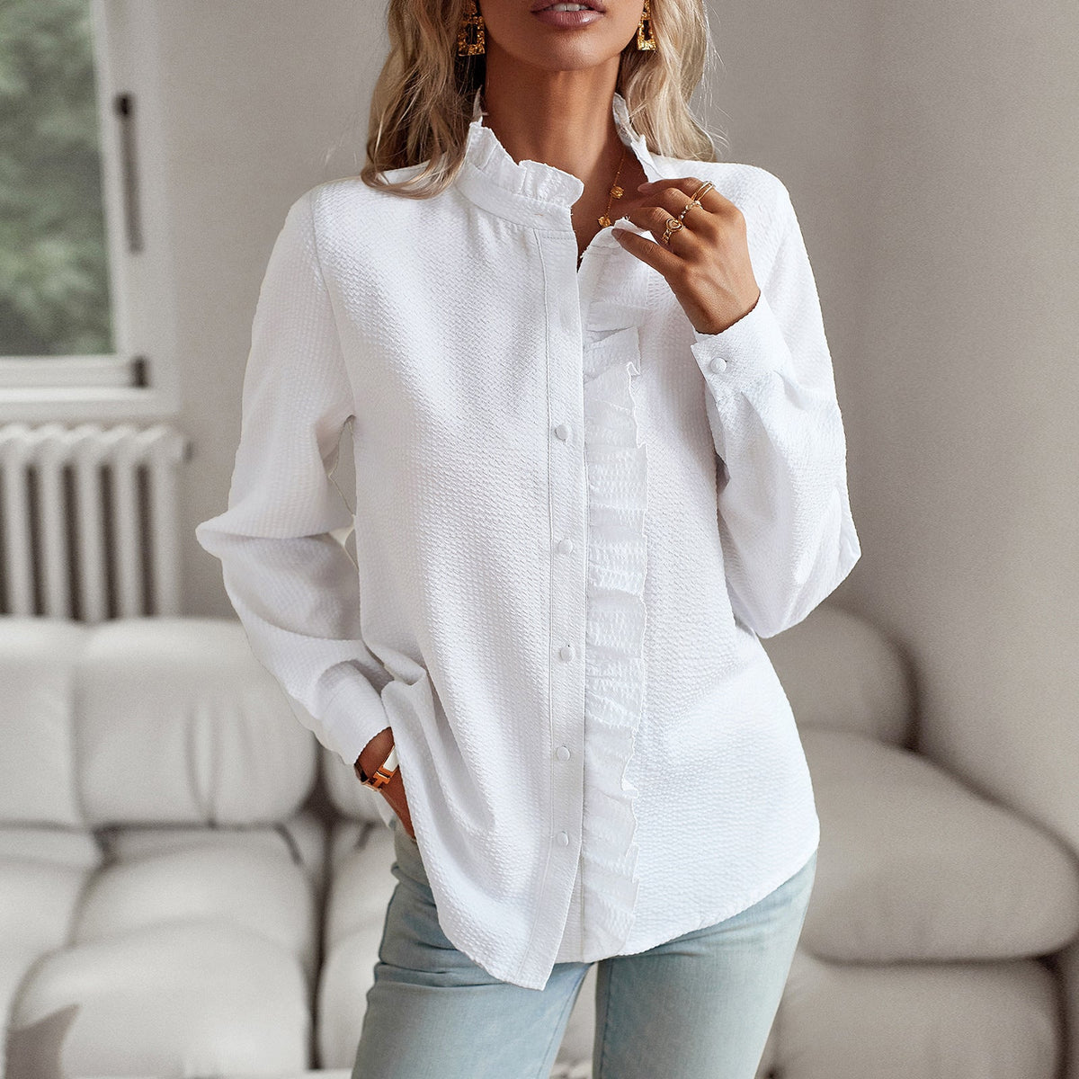 Camisa con Cuello de Volante – Blanco