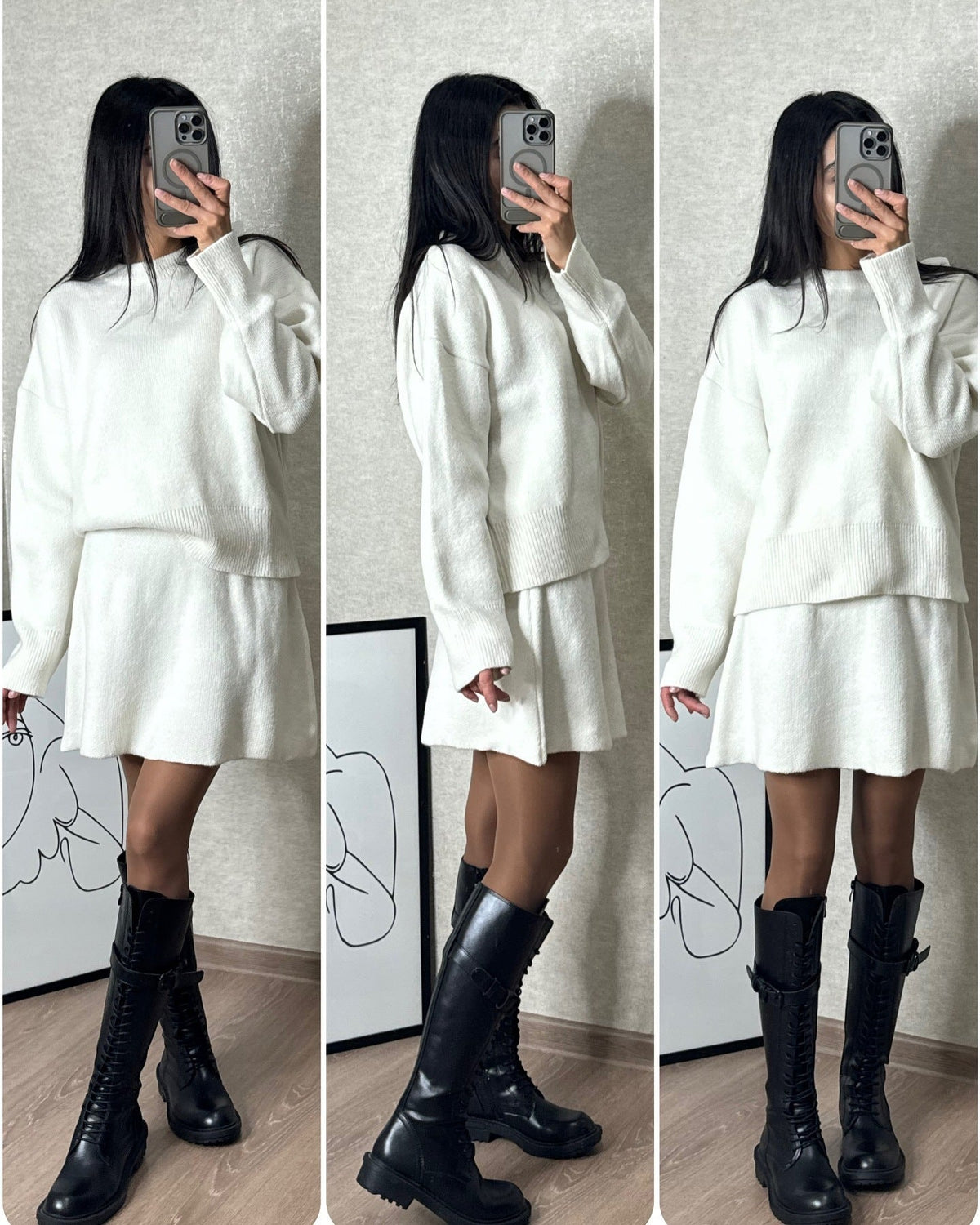Conjunto de Punto Jersey y Falda – Marfil