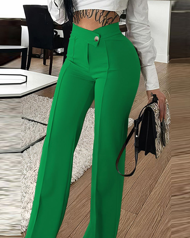 Pantalón Recto de Talle Alto con Hebilla – Verde esmeralda