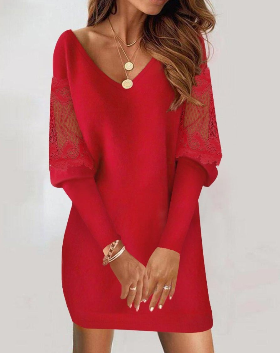 Vestido Mangas de Encaje Bordado – Rojo